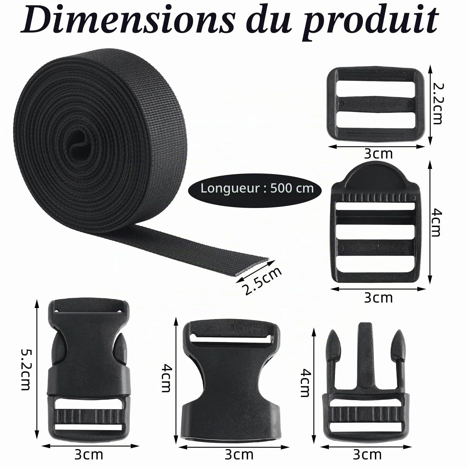 Sangle 25mm x 5m avec 10 Boucles Plastique Clip et 10 Tri-Glide Curseurs Plastique pour Sacs à Dos