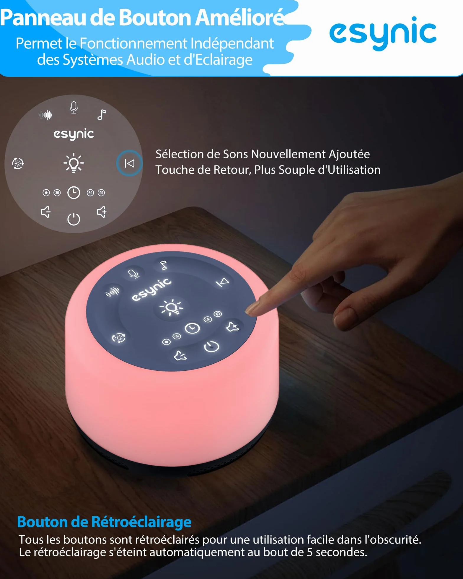 eSynic Machine à Bruit Blanc Portable pour Bébé avec 30 Sons Relaxants, Veilleuse Réglable, Minuterie, Batterie Intégrée (Bleu)