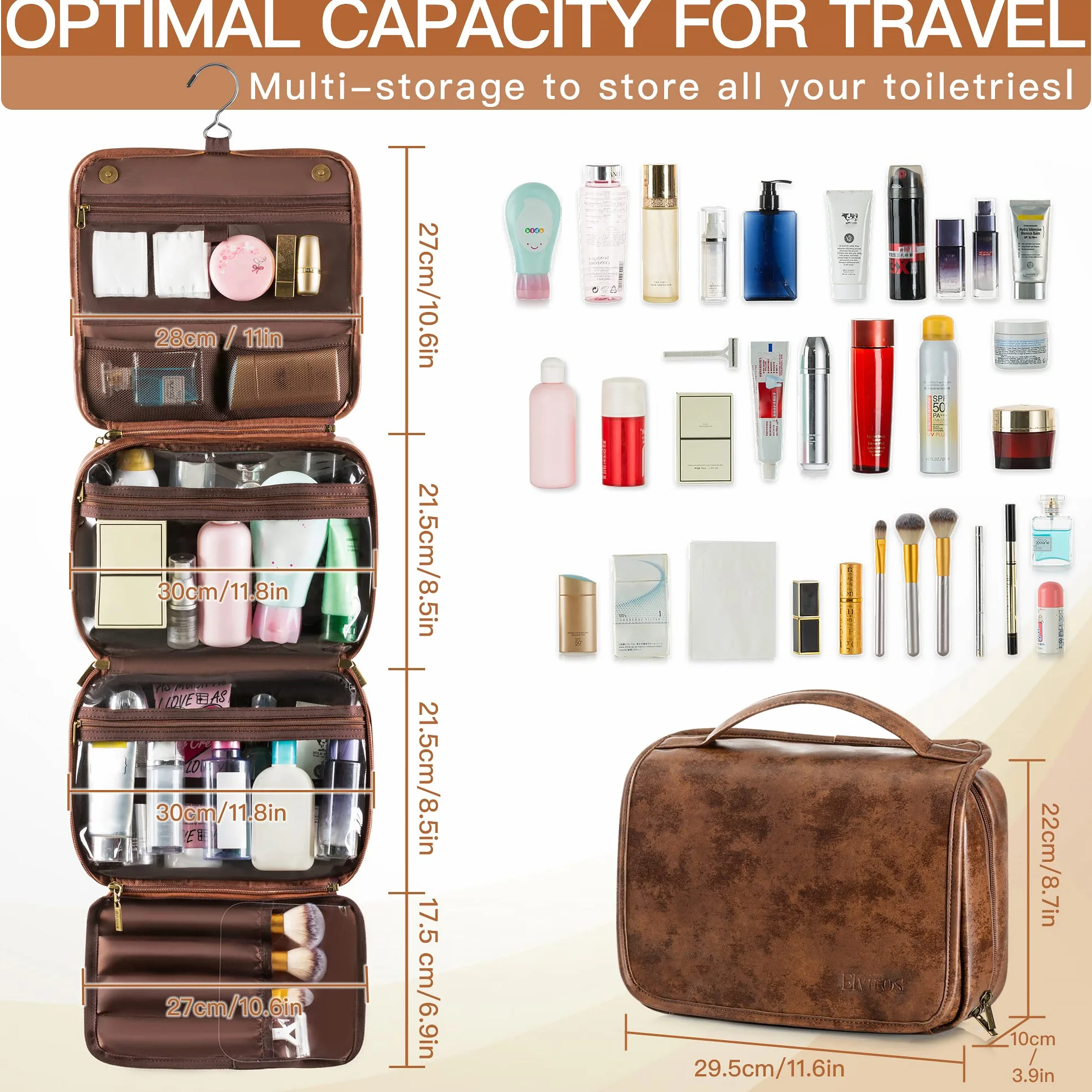 Trousse de Toilette Homme Femme Voyage Grande Capacité Crochet 3 en 1 Maquillage Amovible Cuir PU Imperméable 28 x 22 x 10 cm Marron Foncé