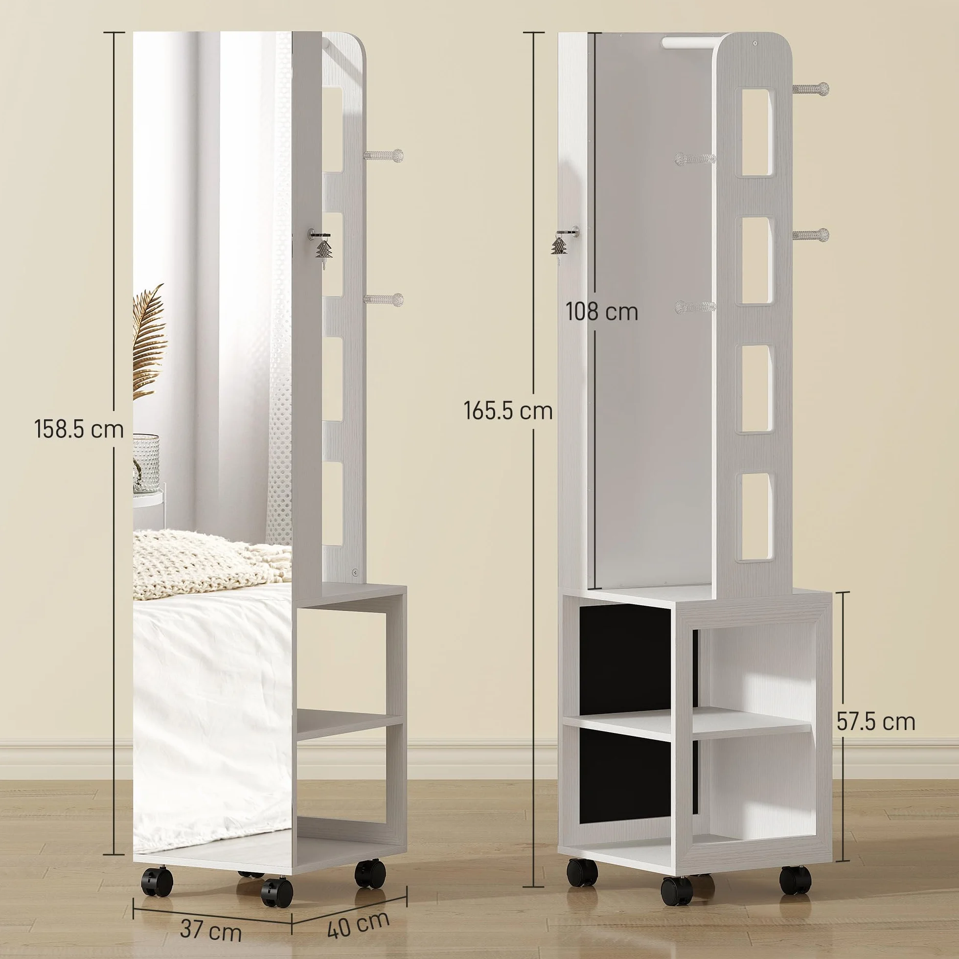 HOMCOM Armoire à bijoux pivotante 360° avec miroir LED, organisateur verrouillable, blanc