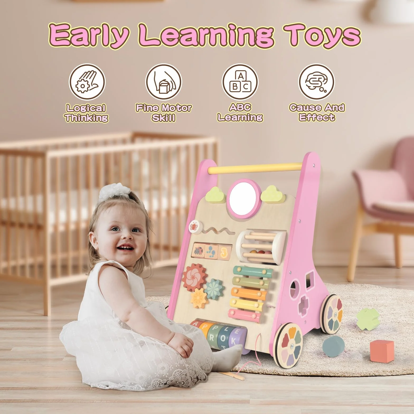 LOL-FUN Rose Trotteurs en Bois 10 en 1 Centre d'Activité Éducatif pour Enfant 1 An Cadeau Jouet d'Apprentissage Bébé 12 mois+
