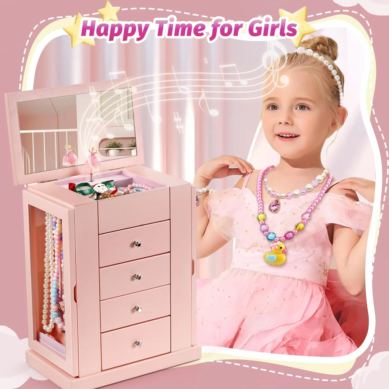 Boite a Bijoux Fille Musicale avec Danseuse en Rotation, 5 Niveaux, Bois, Cadeau Anniversaire (Rosa)