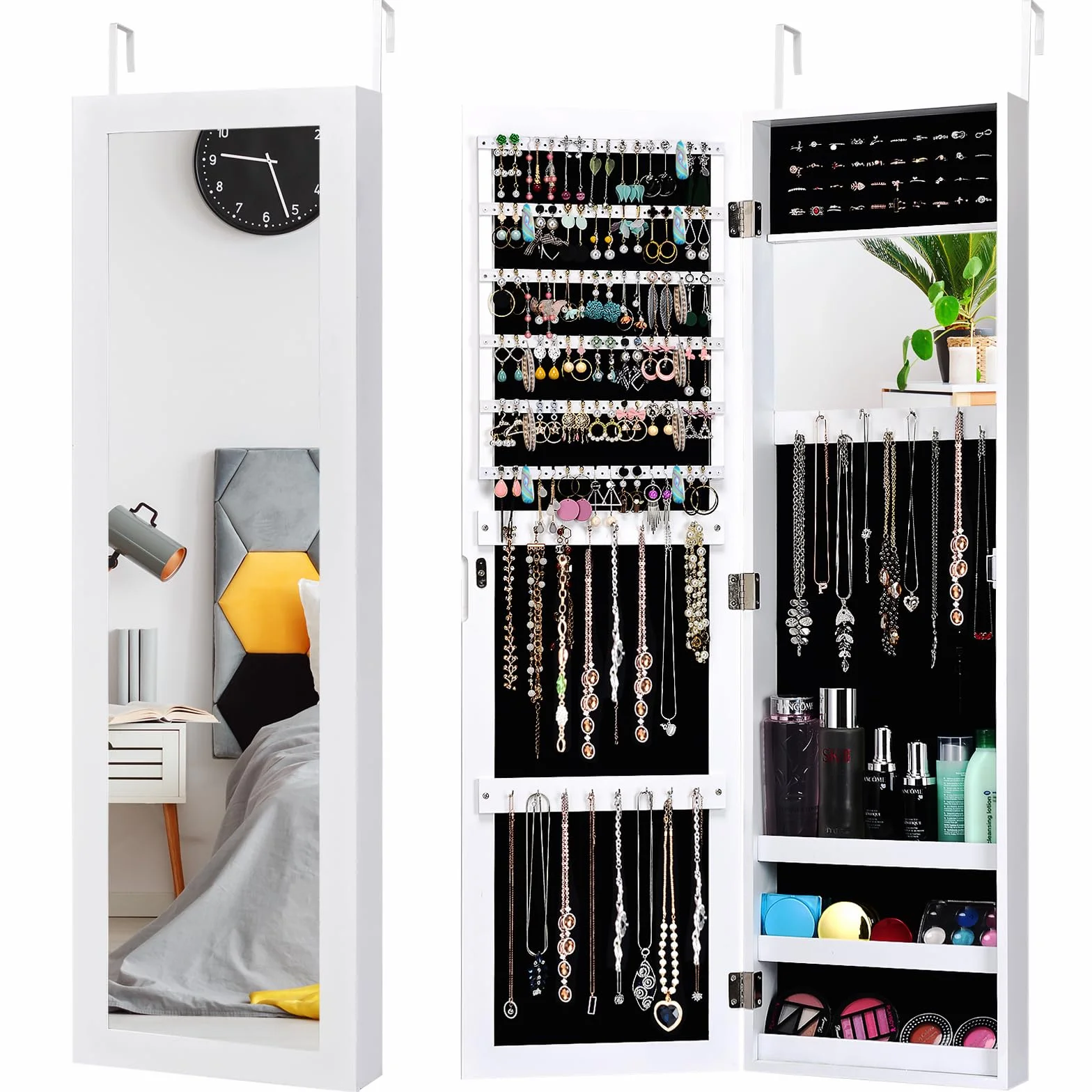 RELAX4LIFE Armoire à Bijoux Murale avec Miroir Pleine Longueur, 31,5x8,7x110 cm, Blanc