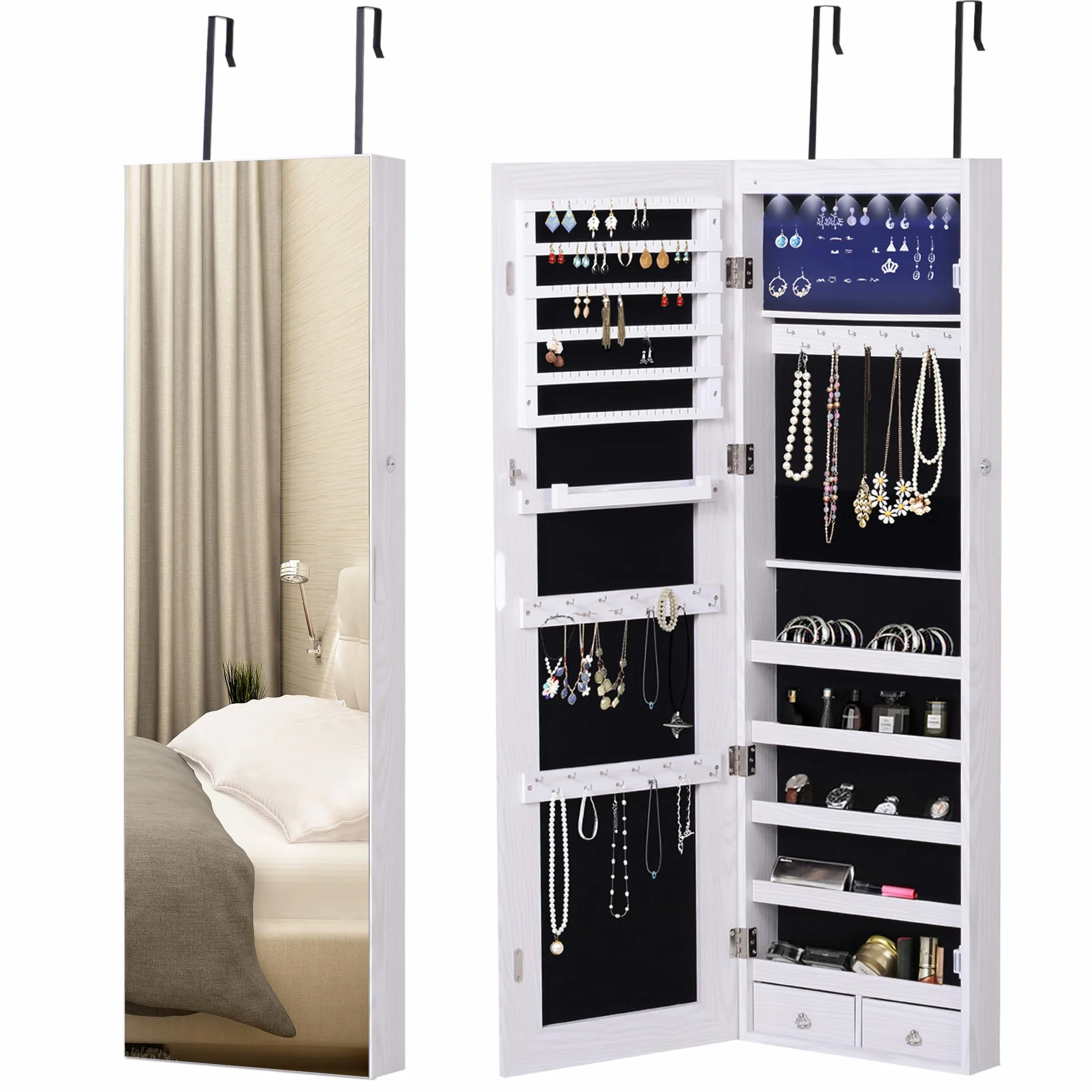 HOMCOM Armoire à bijoux avec miroir LED, verrouillable, fixation porte ou mur, 37x10x120cm, effet bois grisé