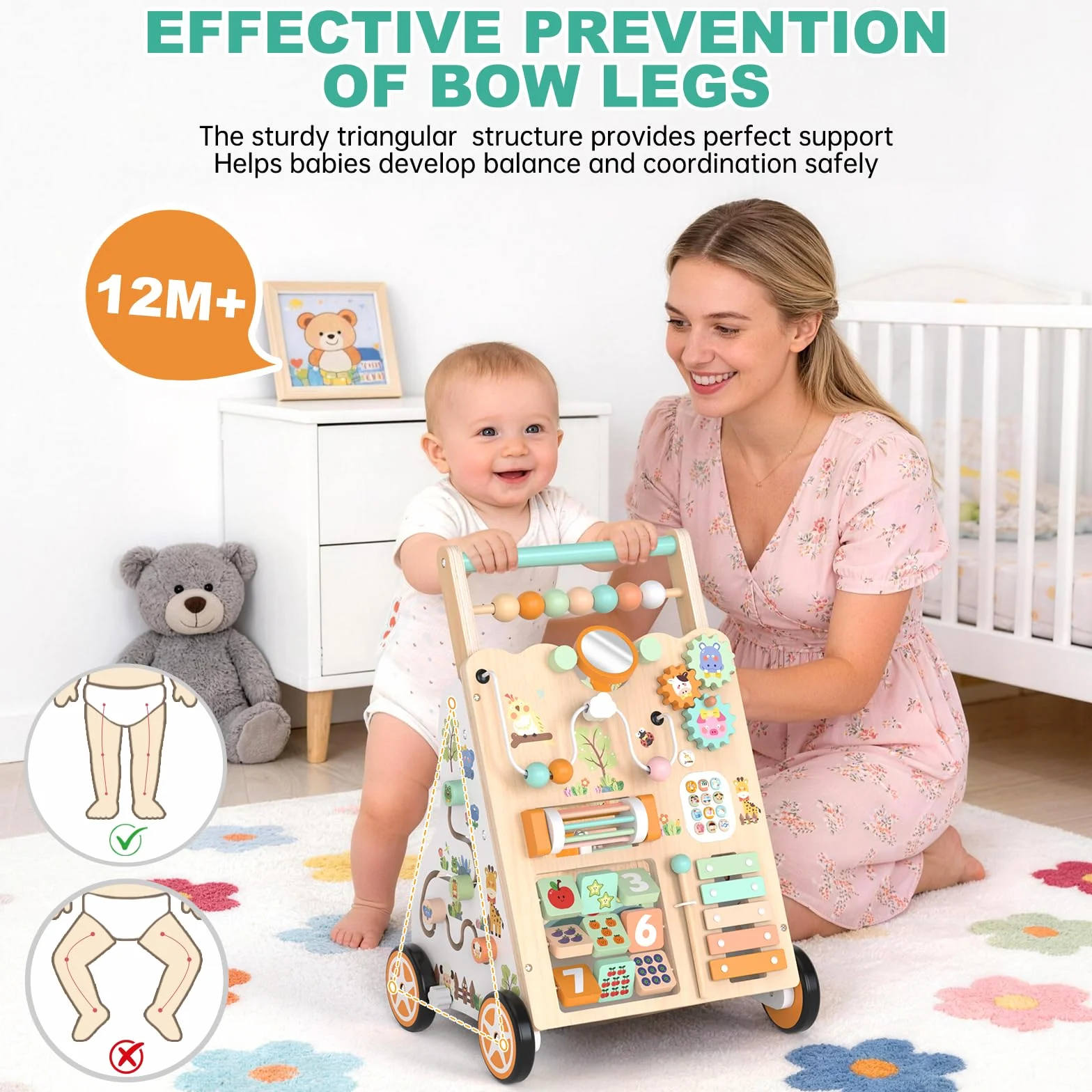 Trotteur en bois Montessori 12+ mois avec centre d'activités, labyrinthe à perles, trieur de formes, xylophone et jeu de pêche