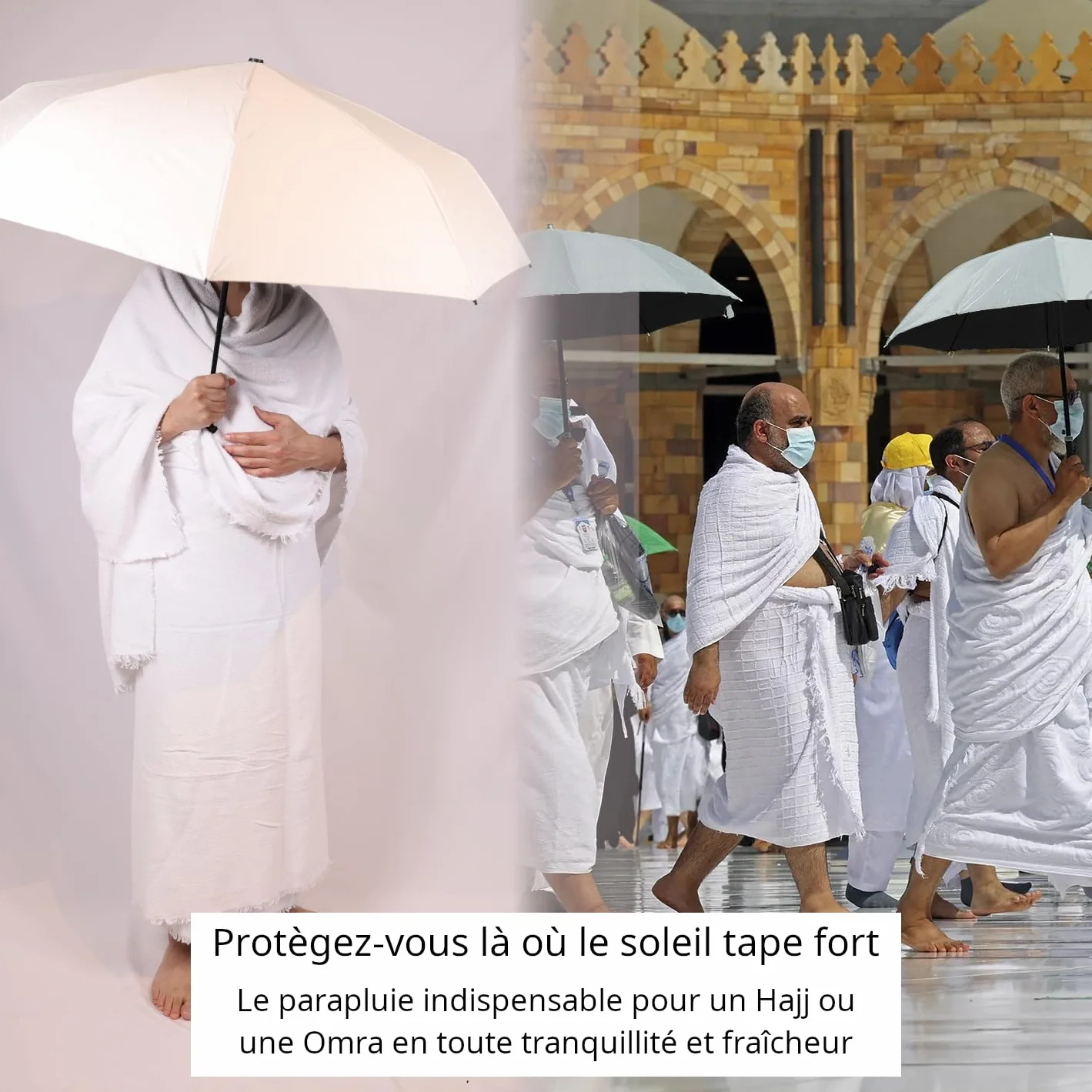 Parapluie Pliant Anti-UV Double Couche Thermo-Protecteur Blanc Réfléchissant Intérieur Noir Compact Léger Ouverture Automatique Hajj Omra