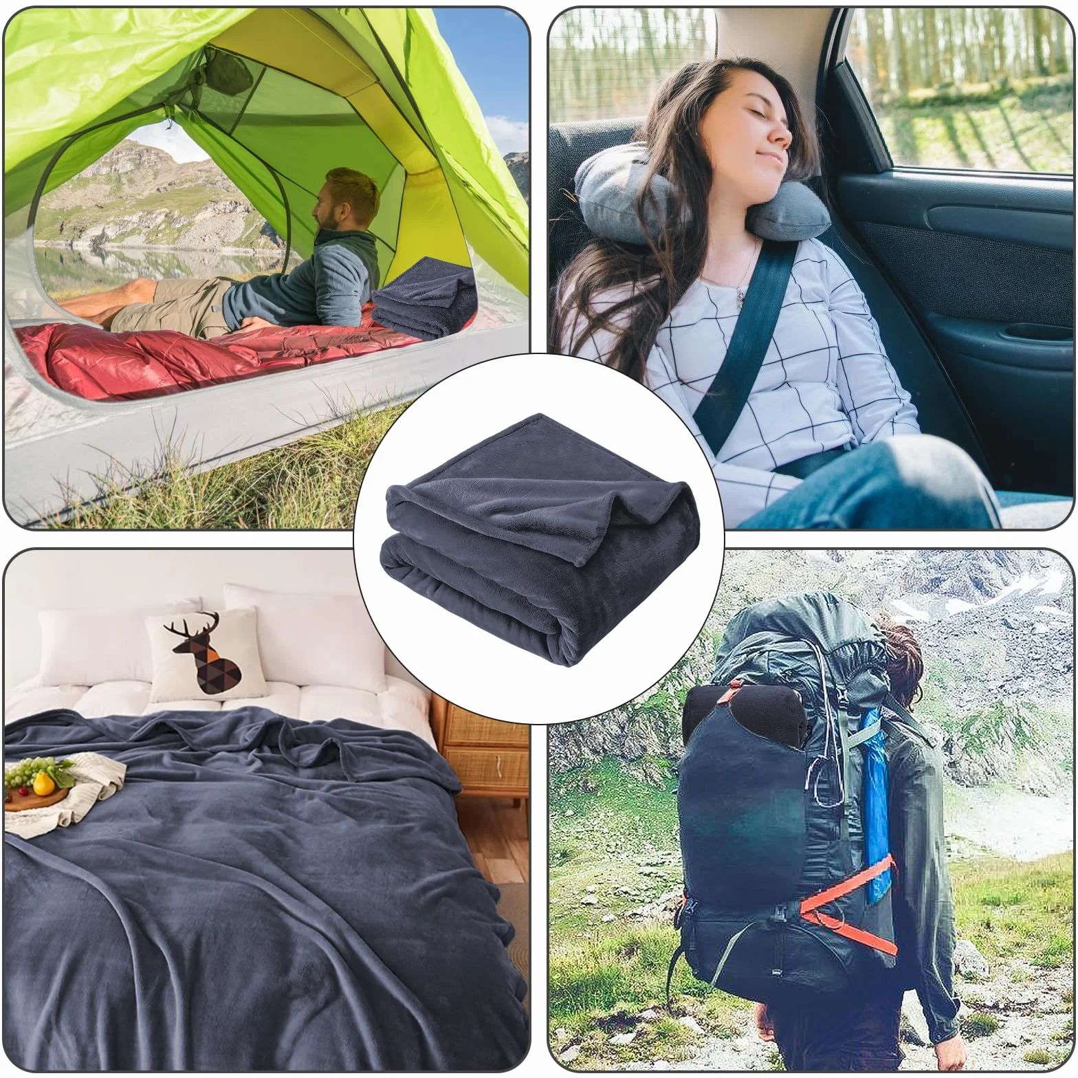 BORDEAG Couverture de voyage 2 en 1 Coussin transformable 127 x 152 cm Bleu foncé