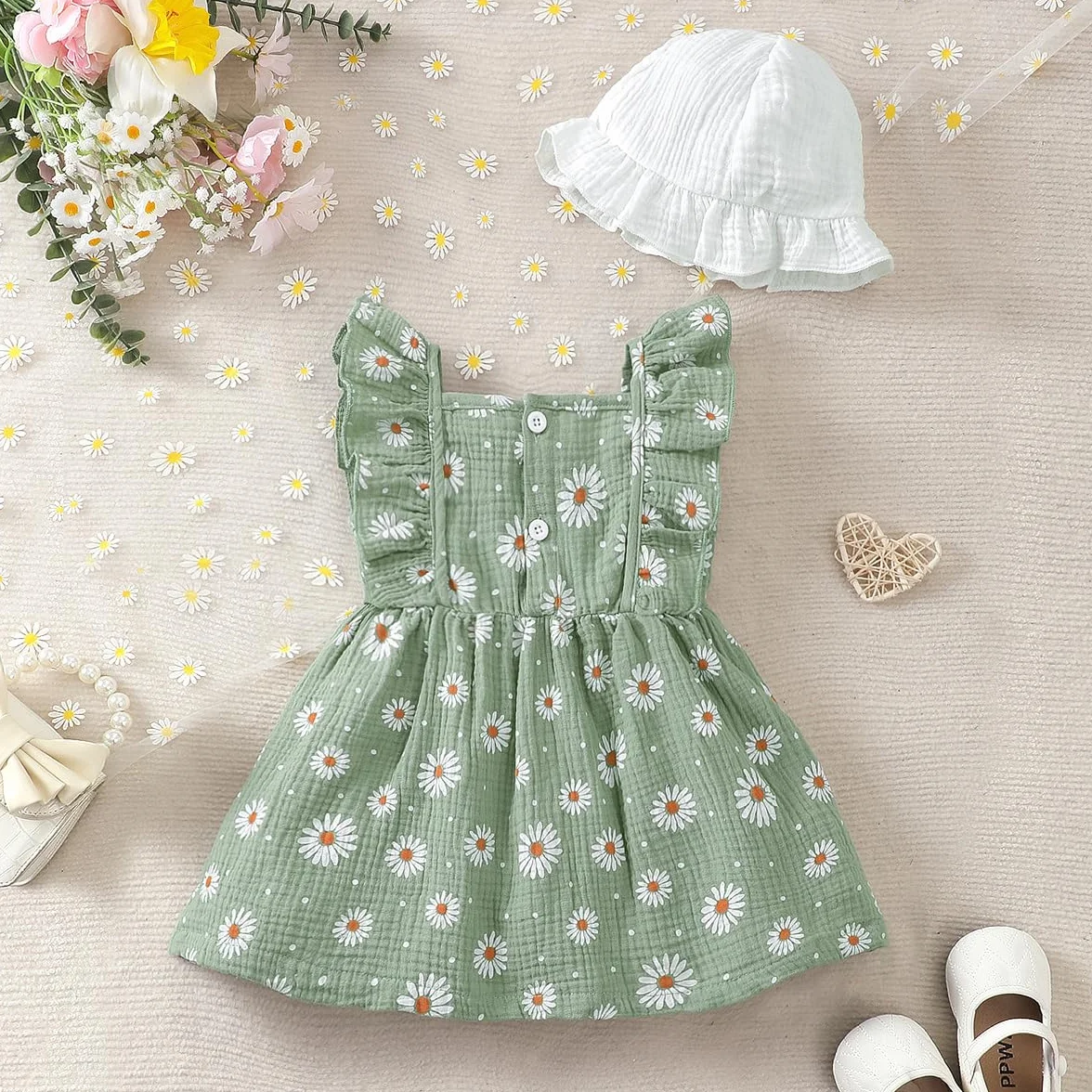 Robe en Coton et Lin pour Petites Filles Imprimée Cœurs Fleurs Manches à Volants Tenue Printemps Été