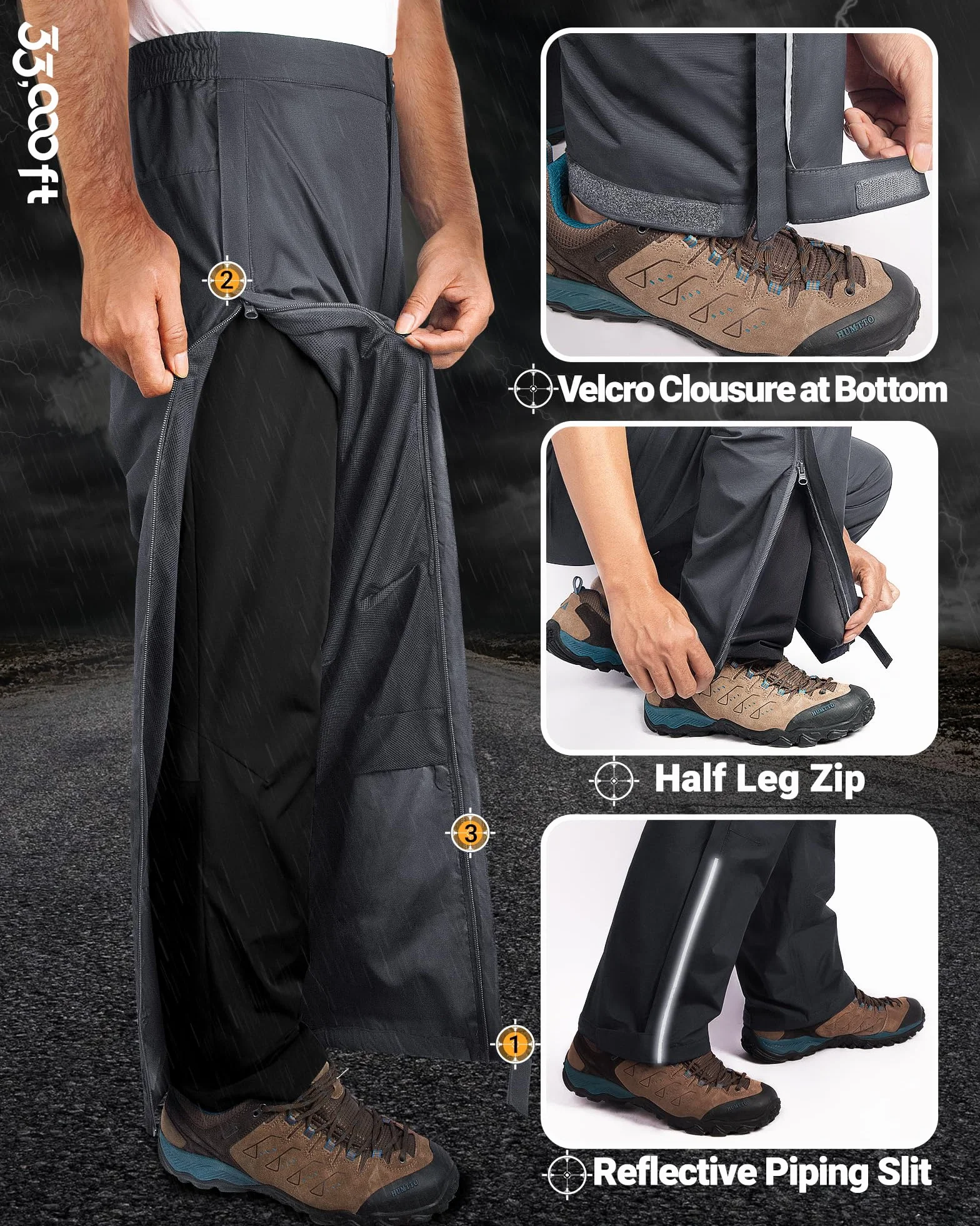 Pantalon de Pluie Homme Imperméable Respirant Coupe-Vent 33000ft Double Couche Fermeture Éclair Intégrale