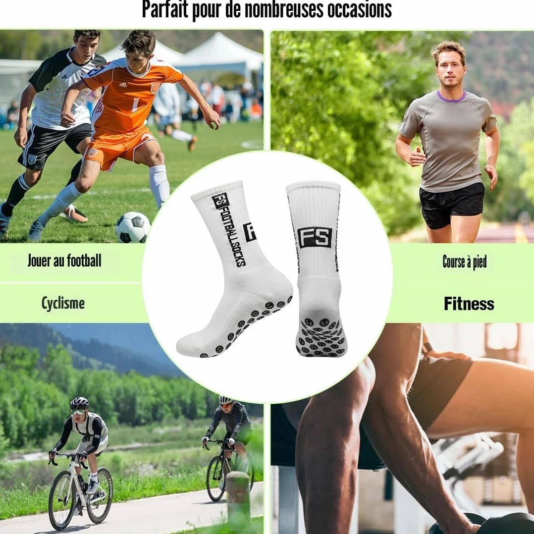 Chaussettes Antidérapantes Homme Femme EU 39-46 Sport Football Basket Rugby Yoga Trekking Blanc