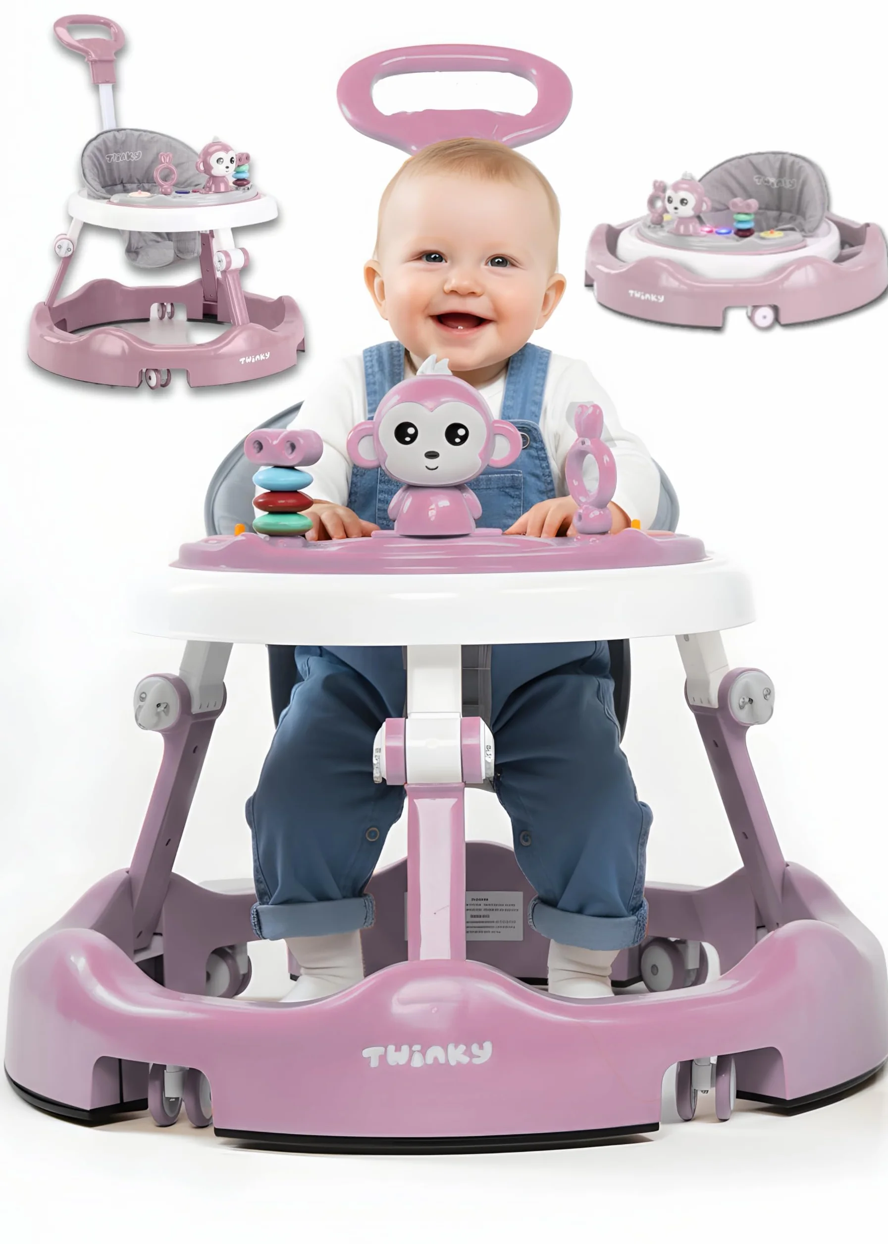 Twinky Trotteur Bebe avec ensemble de jeu et tapis de sol - Aide à la marche robuste 4 positions réglables - Rose