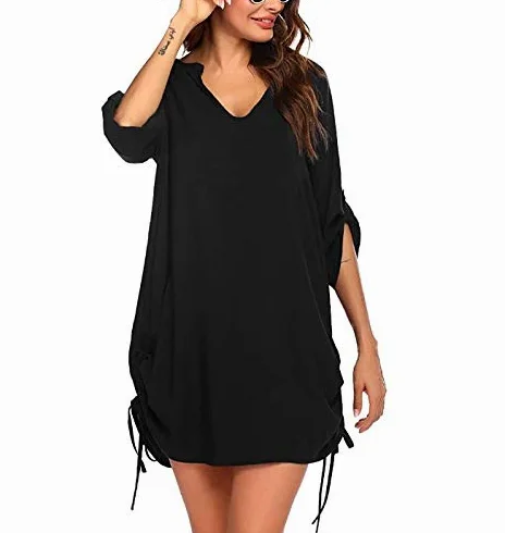 Cache-maillot de plage pour femme avec col en V et imprimé papillon, Noir , M
