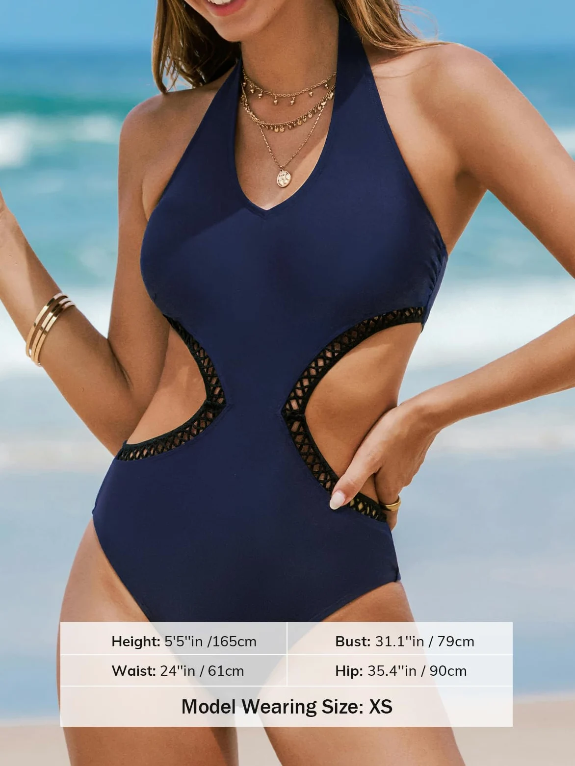 CUPSHE Maillot de bain une pièce pour femme, dos nu, col en V, découpe latérale, monokini avec bordure en dentelle trapézoïdale
