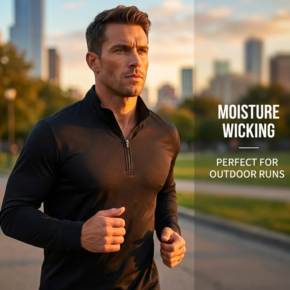 Homme 1/4 Zip Manches Longues Col Montant Séchage Rapide Tops Course Respirant Sport Maillot Haut