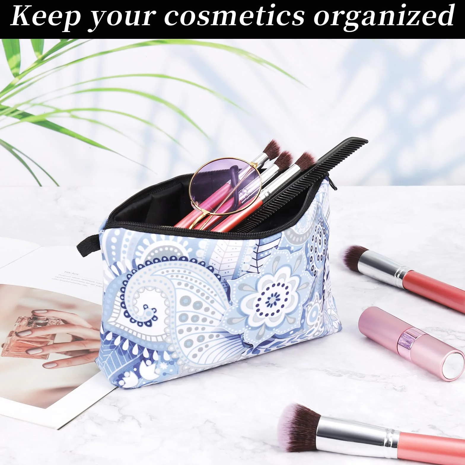 Czemo 4 Pcs Trousse à Maquillage Femme Sac à Cosmétiques en Toile Imprimé Sac de Rangement Voyage