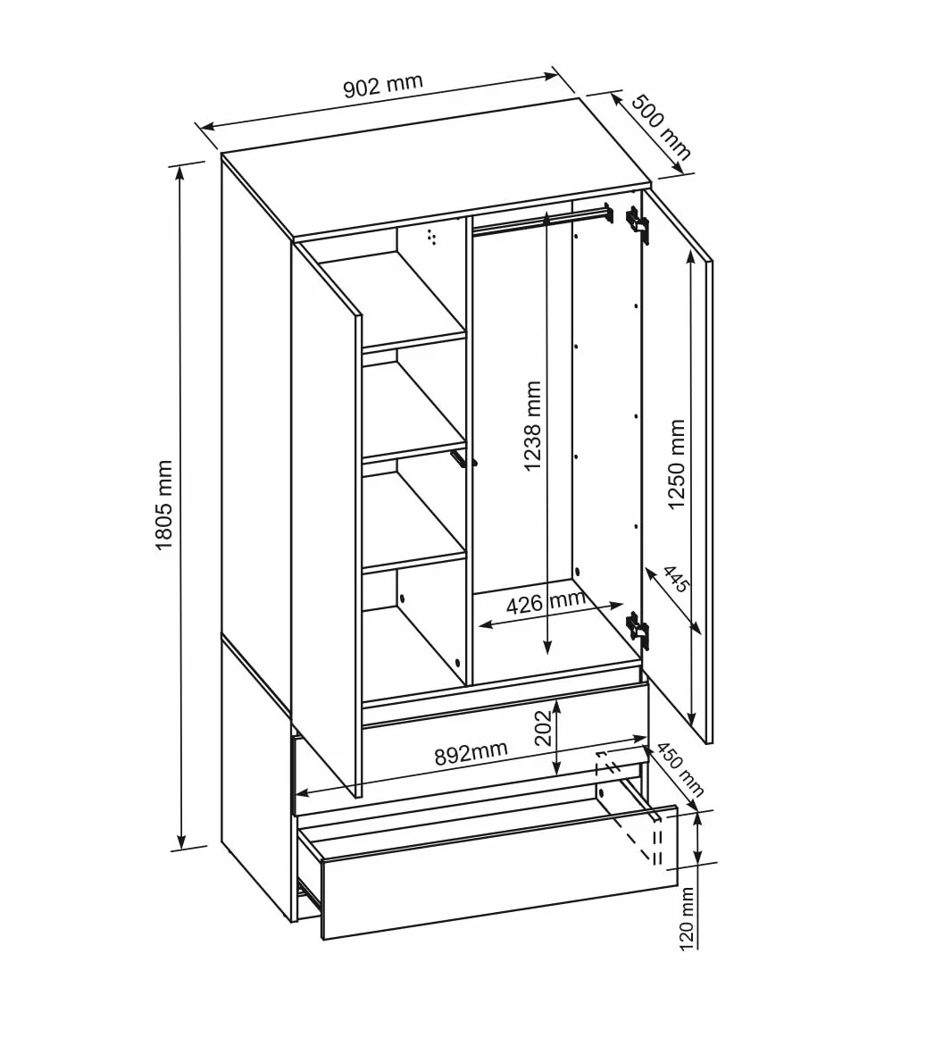 Meble Masztalerz Armoire Chambre Enfant 2 Tiroirs 90 cm Penderie Vetement Dressing Rangement Blanc 180x90x50 cm