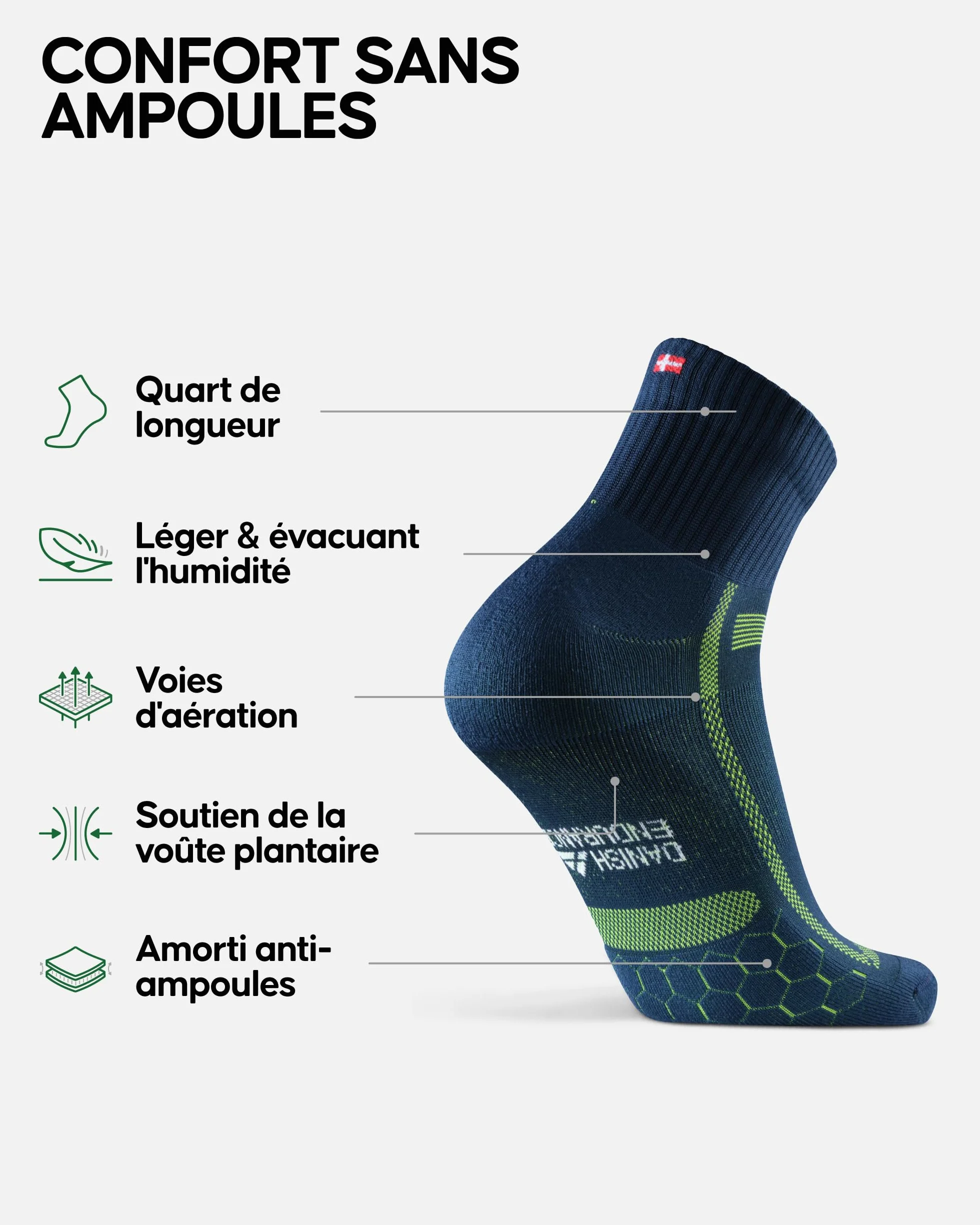 DANISH ENDURANCE Chaussettes de Running Longue Distance Anti-Ampoules Respirantes Longueur Quart Lot de 3