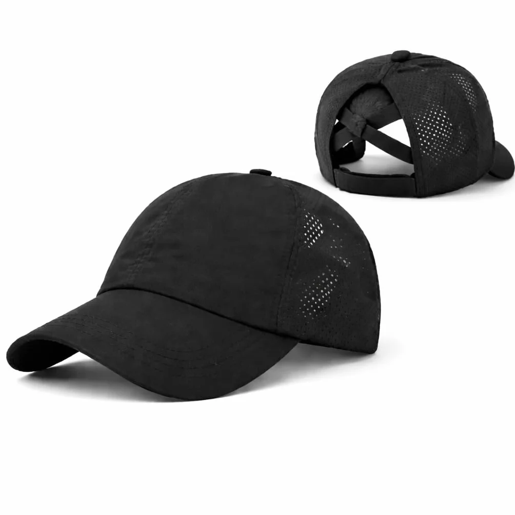 Casquette de Course Femme Noire Maille Séchage Rapide Réglable Sport Légère