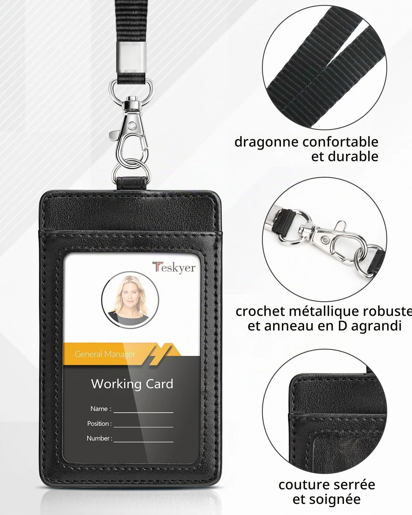 Teskyer Porte Badge Tour de Cou Cuir PU 2 Emplacements Cartes Noir