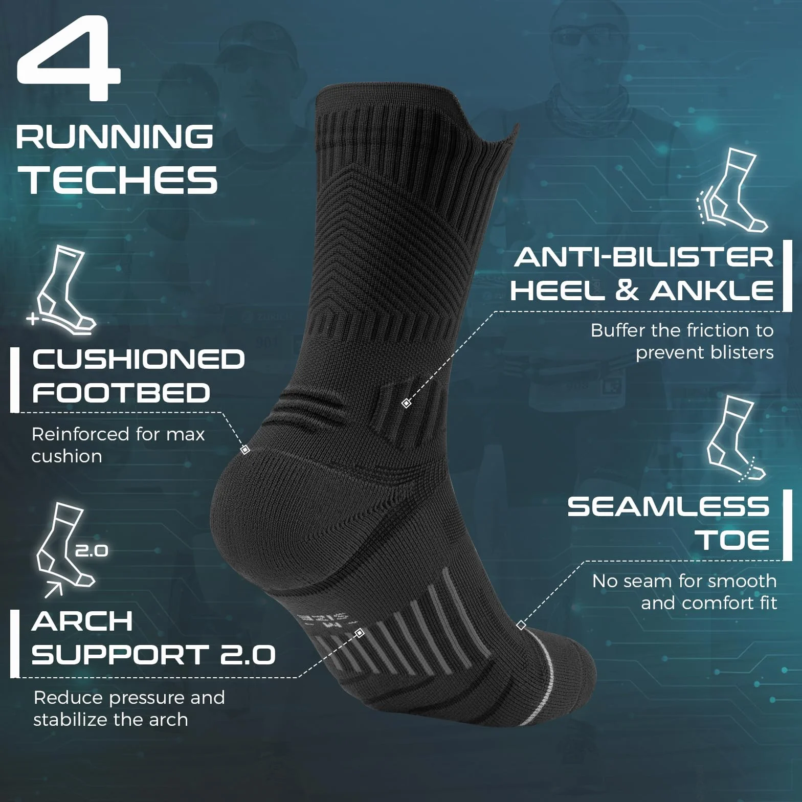 Chaussettes Compression Running Homme Coolmax Anti-Ampoules 3 Paires Taille 35-51