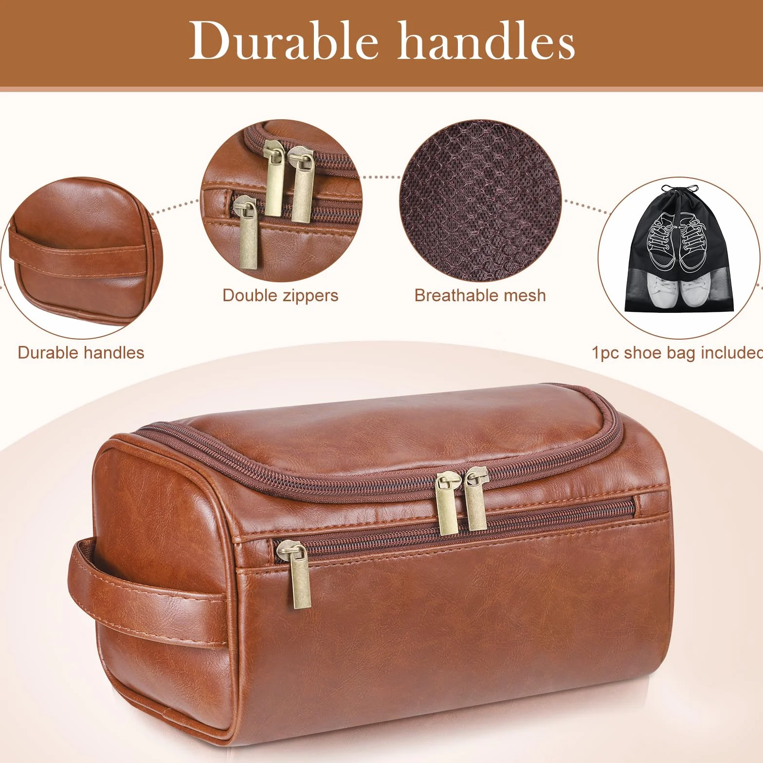 Zocipro Trousse de Toilette Homme Cuir PU Grand Sac Voyage 3 Compartiments Crochet Poignée