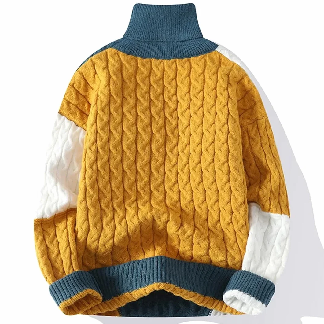 Pull d'hiver à col roulé patchwork pour homme manches longues