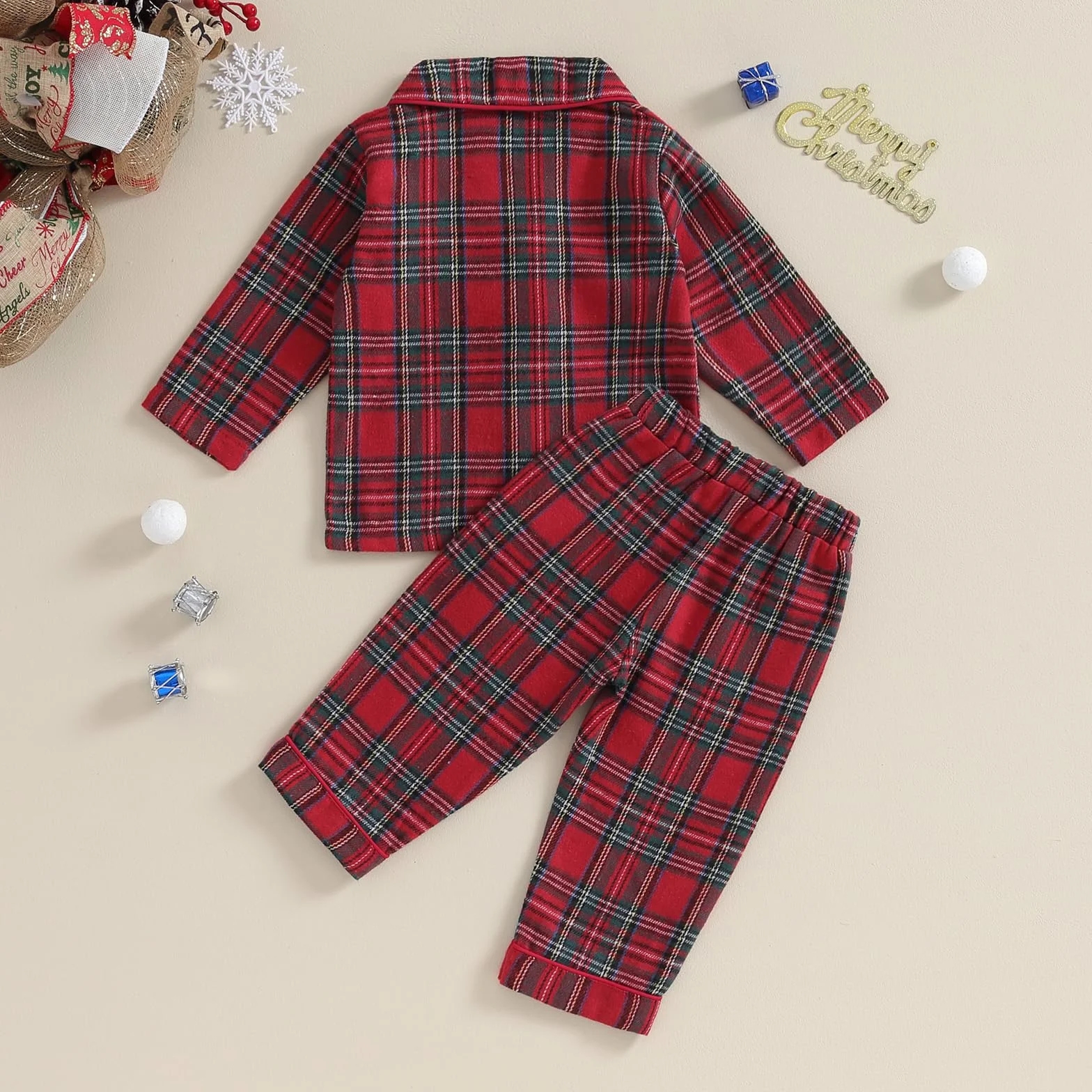Carolilly Ensemble Pyjama Enfant Bébé Carreaux Rouge 2 Pièces Haut Manches Longues Boutonné Devant Col Revers Pantalon 6 Mois 4 Ans