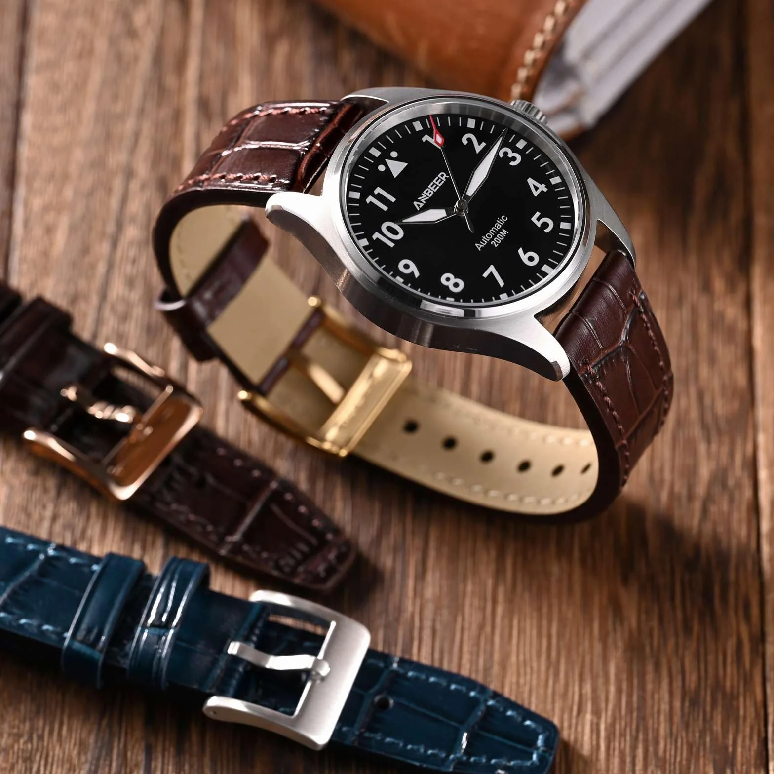 Anbeer Bracelet de montre en cuir italien gaufré grain alligator, dégagement rapide, 18mm 20mm 22mm 24mm