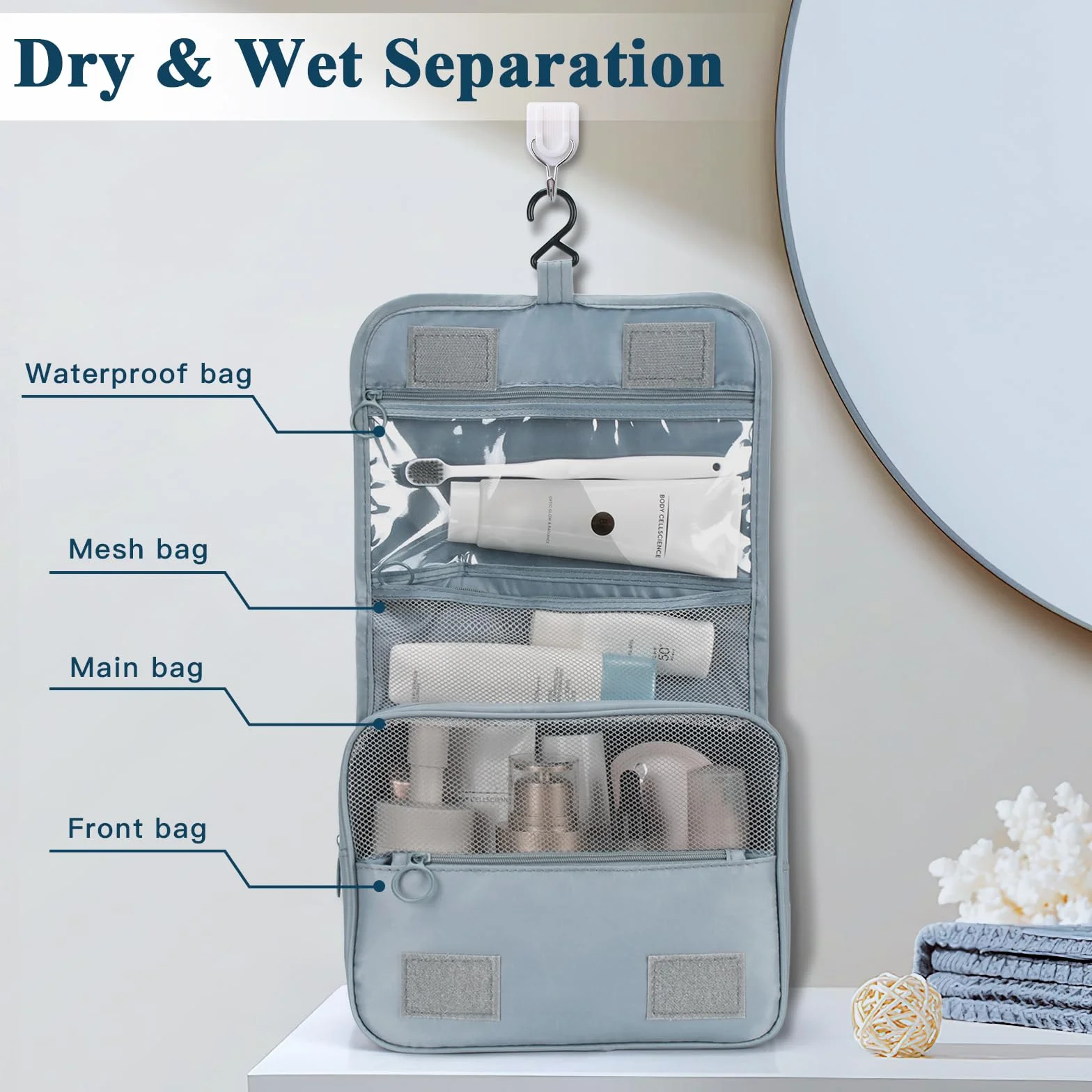 Zivacate Trousse de Toilette à Suspendre étanche avec poignée, Sac de Rangement Maquillage Homme Femme 3 Sac à Cordon pour Voyage – Gris