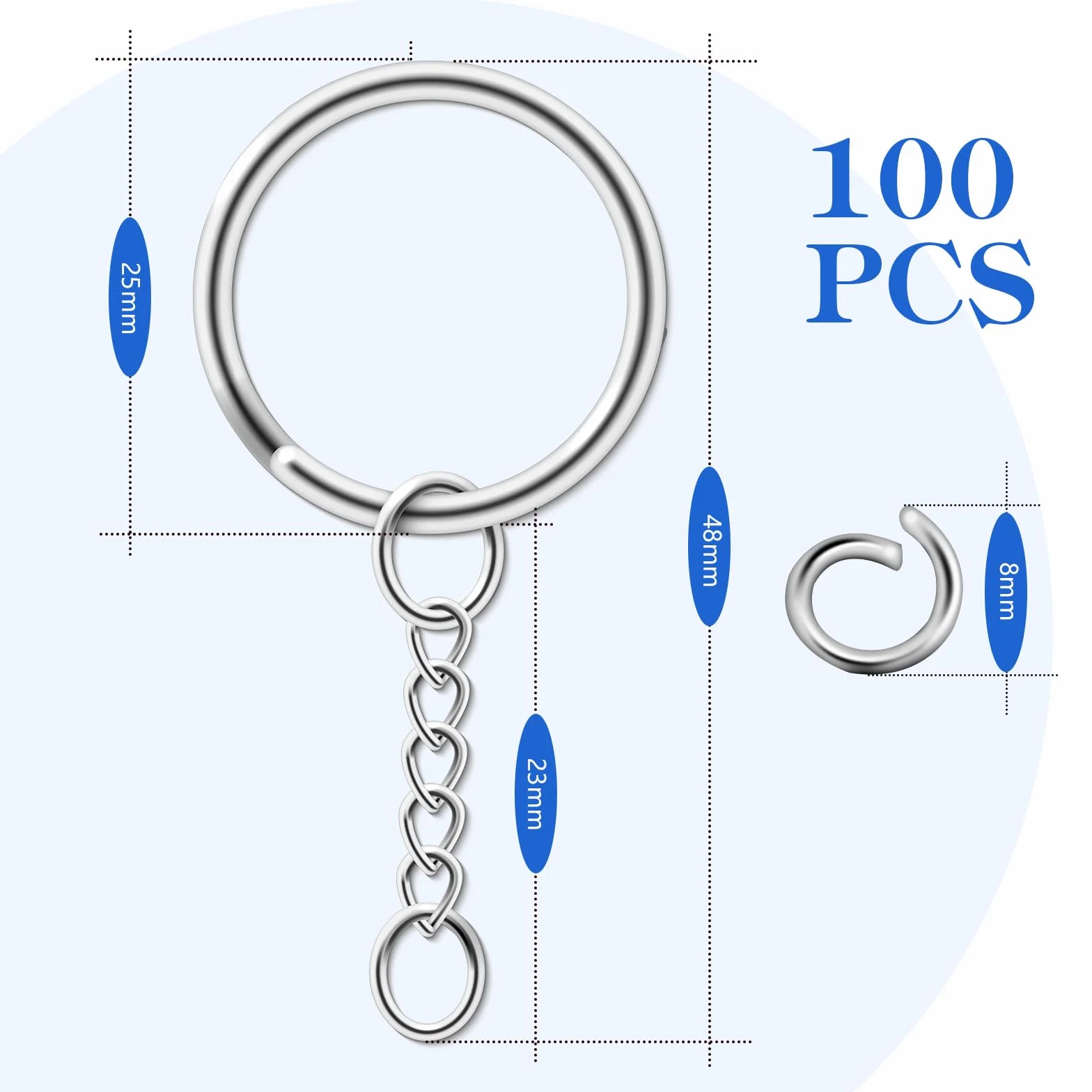 AiQInu 100 Pièces 25mm Anneaux Porte Clé avec Chaîne, Argent