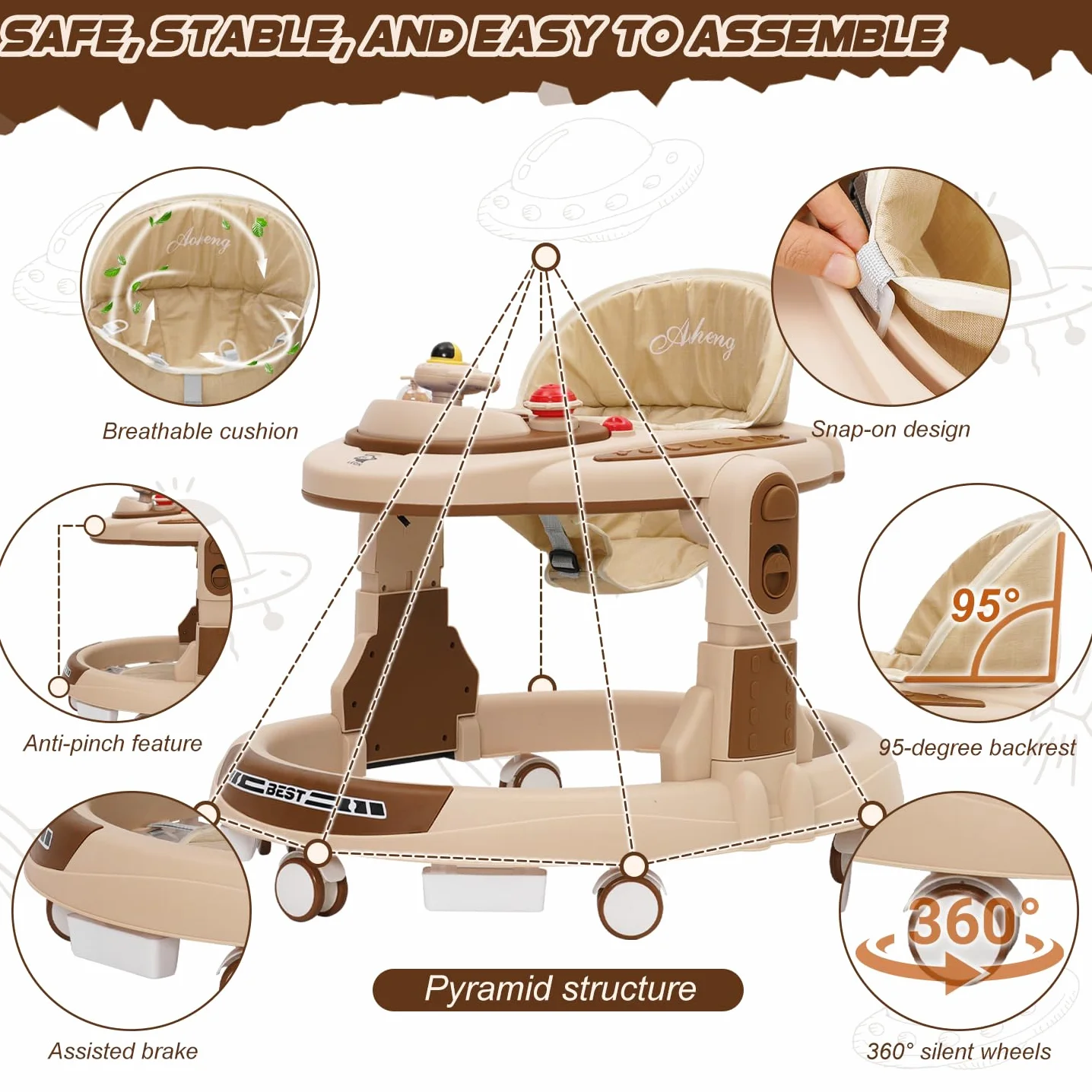 Trotteur Bébé Babywalker 4 Hauteurs Réglables Anti-renversement Roues Silencieuses 360° Plateau Repas Activités Musical Amovible 9 Mois+