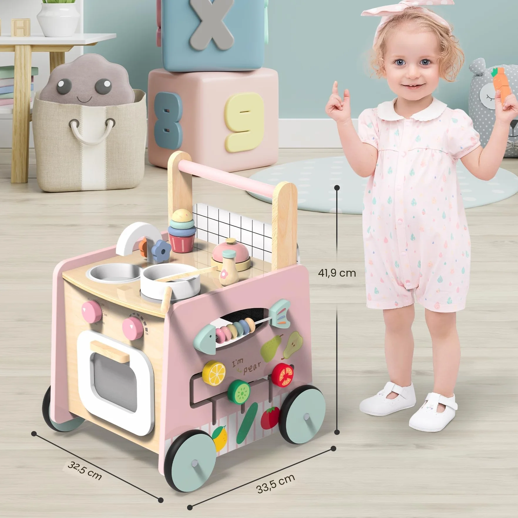 Trotteur Bébé en Bois 9 en 1 Chariot de Marche avec Jouets Montessori et Cuisine de Jeu