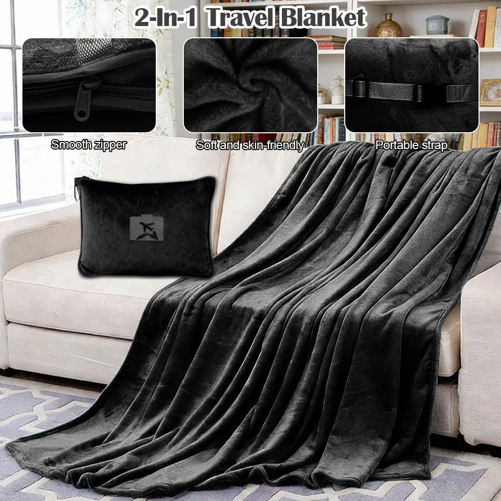 Couverture de voyage douce et chaude 2 en 1 152 x 127 cm Noir pour avion voiture