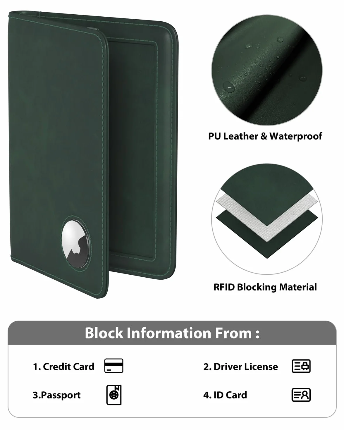 Portefeuille Passeport Similicuir Vert Foncé avec Airtag pour Femmes Hommes