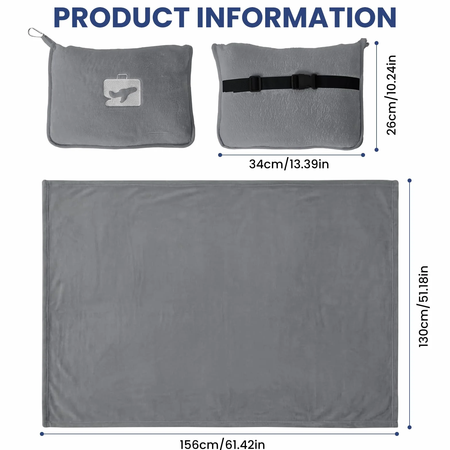 Ensemble Couverture-Oreiller de Voyage 2 en 1, 60x50 Pouces, Portable avec Masque et Bouchons d'oreilles, Gris