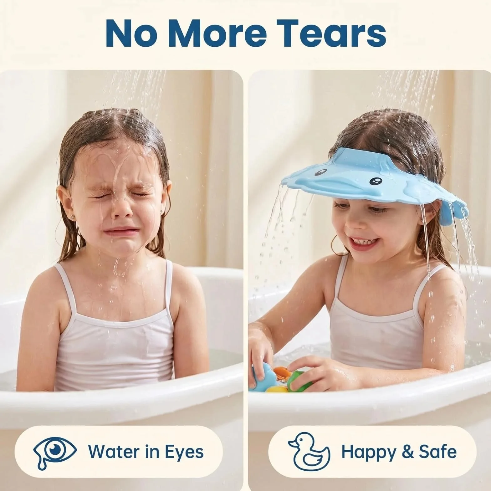 Bonnet de Douche Bébé Bleu Réglable Visière Protège Yeux et Oreilles