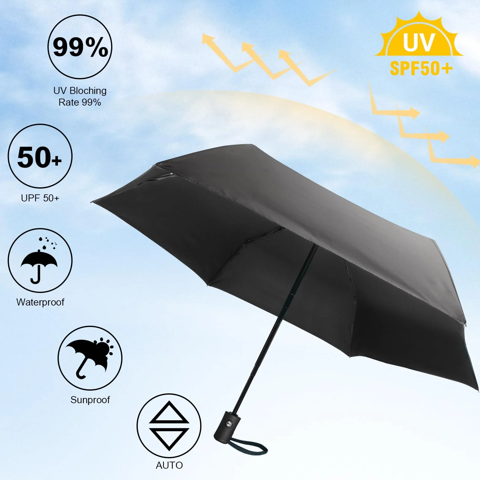 Parapluie Automatique Compact Anti-UV UPF50+ Toit Noir 313g Plié 28cm 98cm Voyage