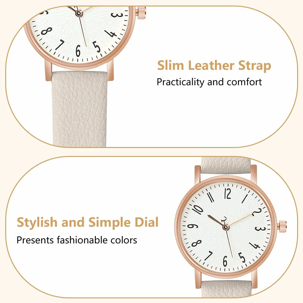 OFFCUP Montre Femme Bracelet Cuir Analogique Quartz Cadran Blanc 3 Aiguilles Poignet Ladies