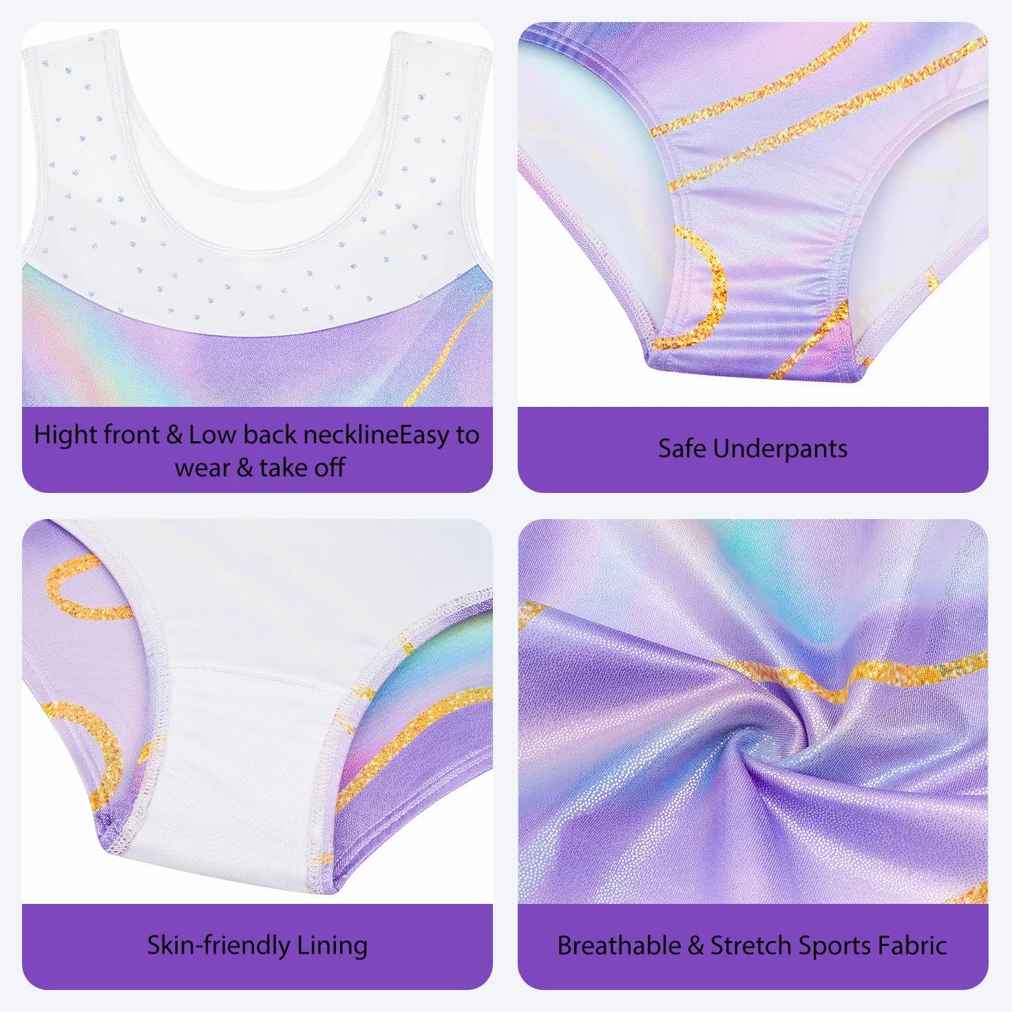 Justaucorps de Gymnastique Trois Pièces pour Filles Sans Manche avec Short et Bandeau