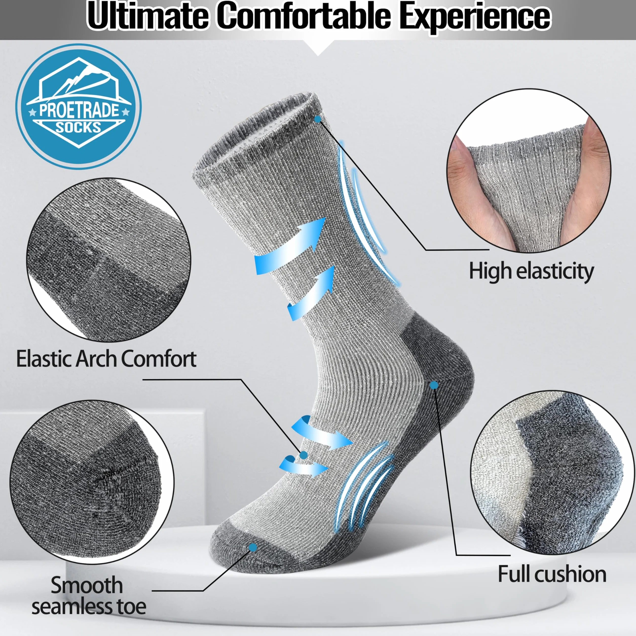 PROETRADE Chaussettes Chaudes Hiver Homme Femme Laine Mérinos Randonnée Taille 36-46