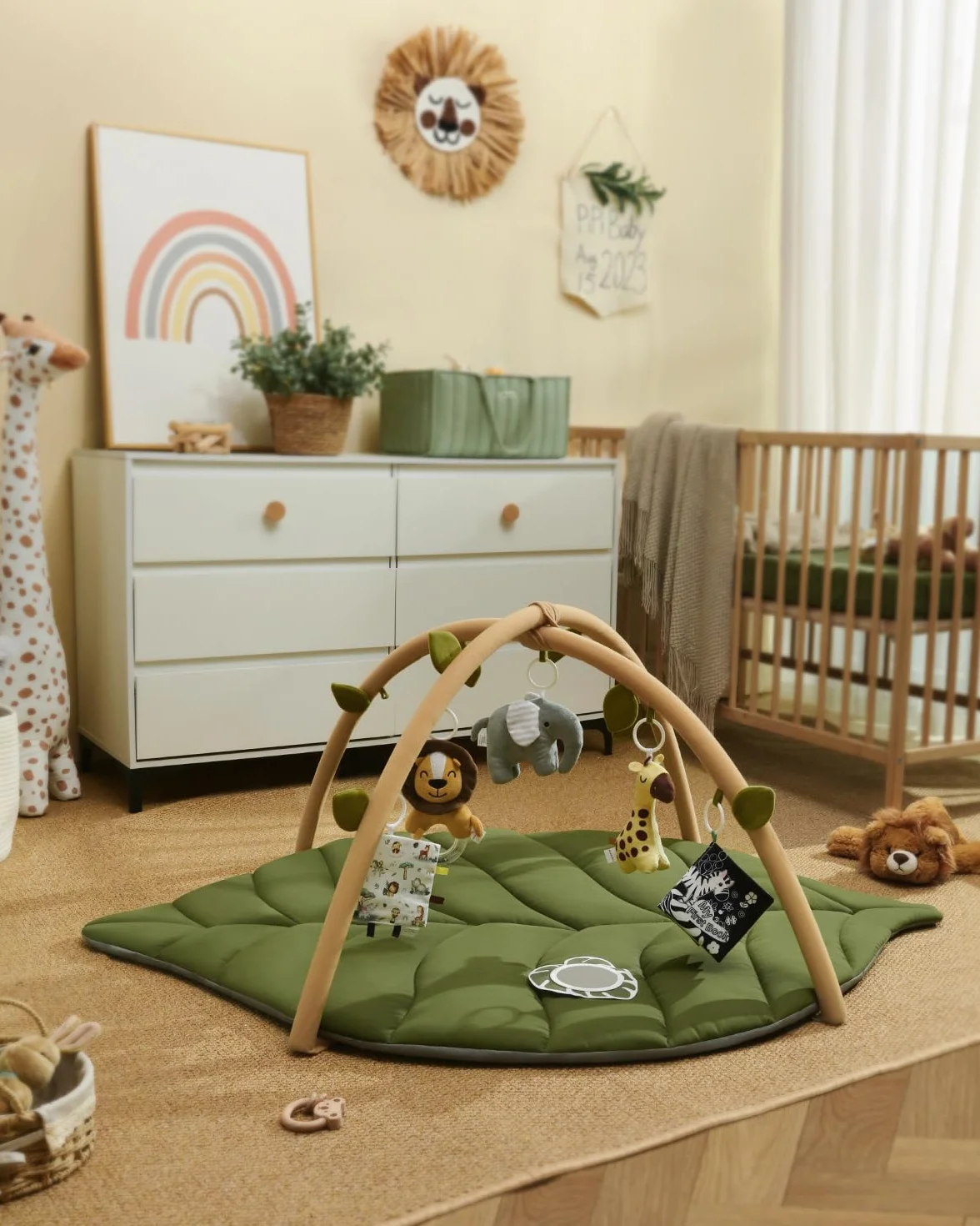 Blissful Diary Tapis d'éveil Bébé avec Arche Amovible, 6 Jouets, Développement Sensoriel et Moteur, Vert Forêt
