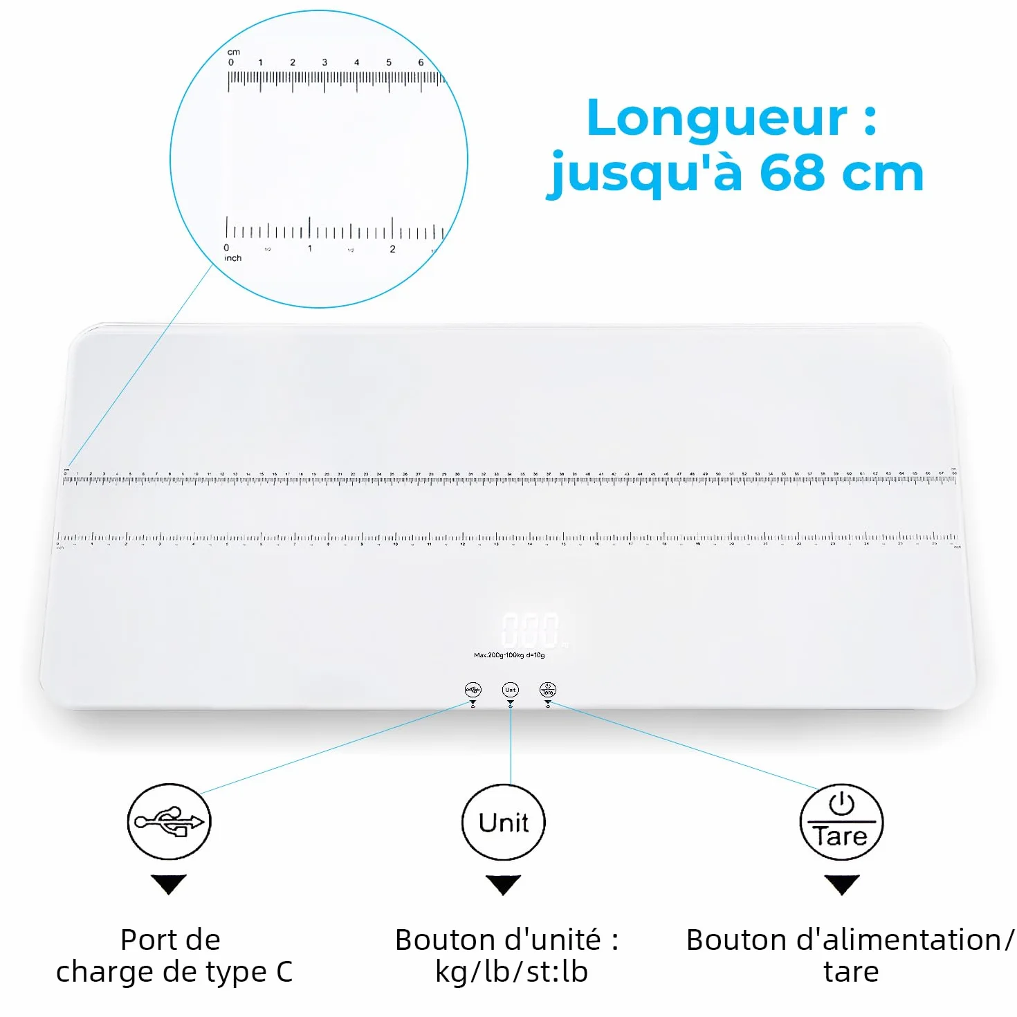 Balance numérique haute précision 100 kg x 10 g UNIWEIGH pour chien chat verre trempé USB