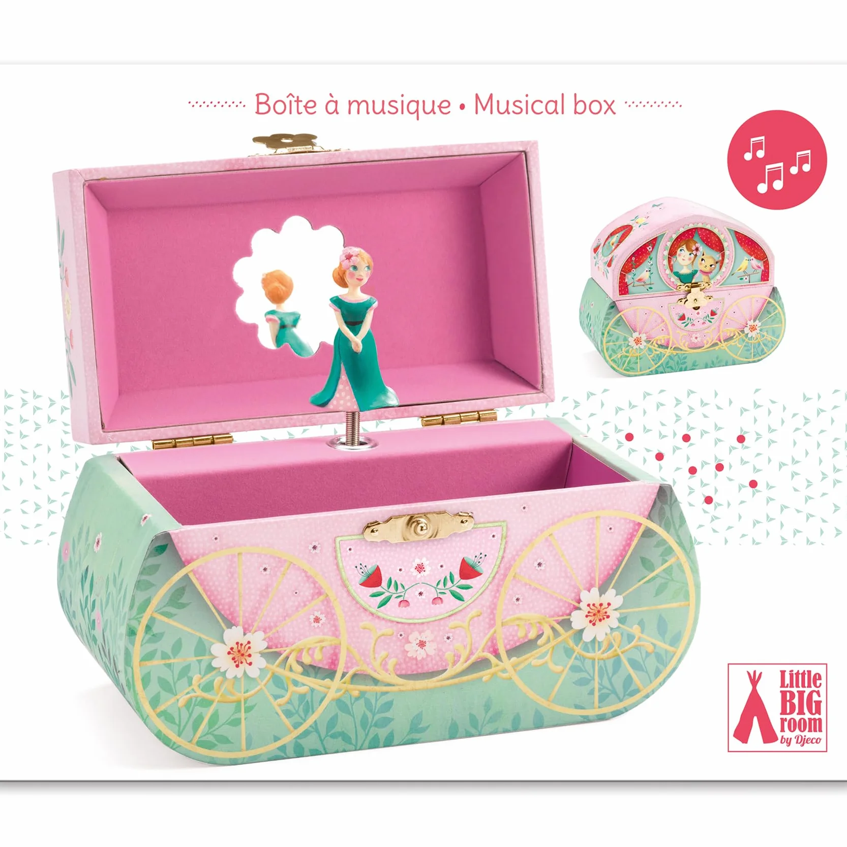 DJECO Boîte à Musique Balade en Carrosse - Rangement Bijoux Élégant - Mélodie Harmonieuse - Papier et Velours, Miroir