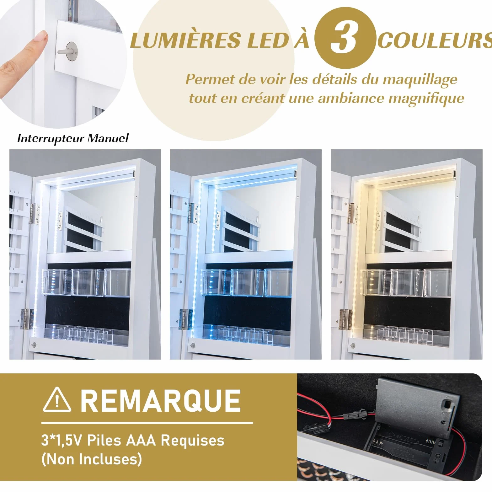 GOPLUS Armoire à Bijoux avec Miroir sur Pied, Rotative 360° Lumière LED 3 Couleurs, Verrouillable, Blanc
