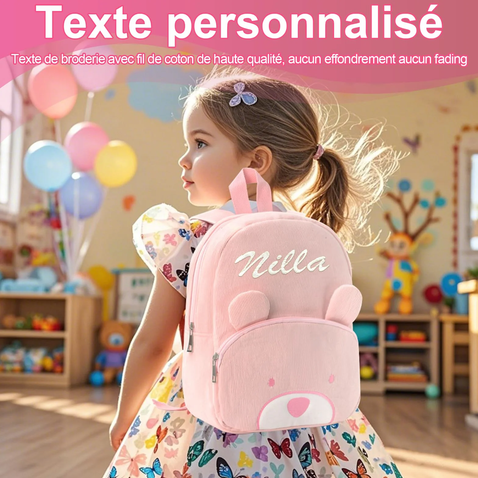 Personalised Corduroy Toddler Backpack with Embroidered Name, Cute Bear Mini Rucksack for Nursery, Preschool, Kindergarten