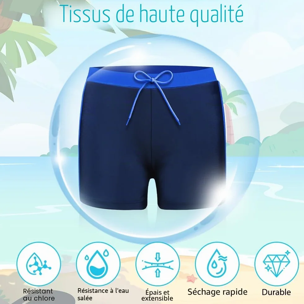Boxer Shorts de Bain Vintage Garçon 128-164 cm, Noir & Marine, Séchage Rapide