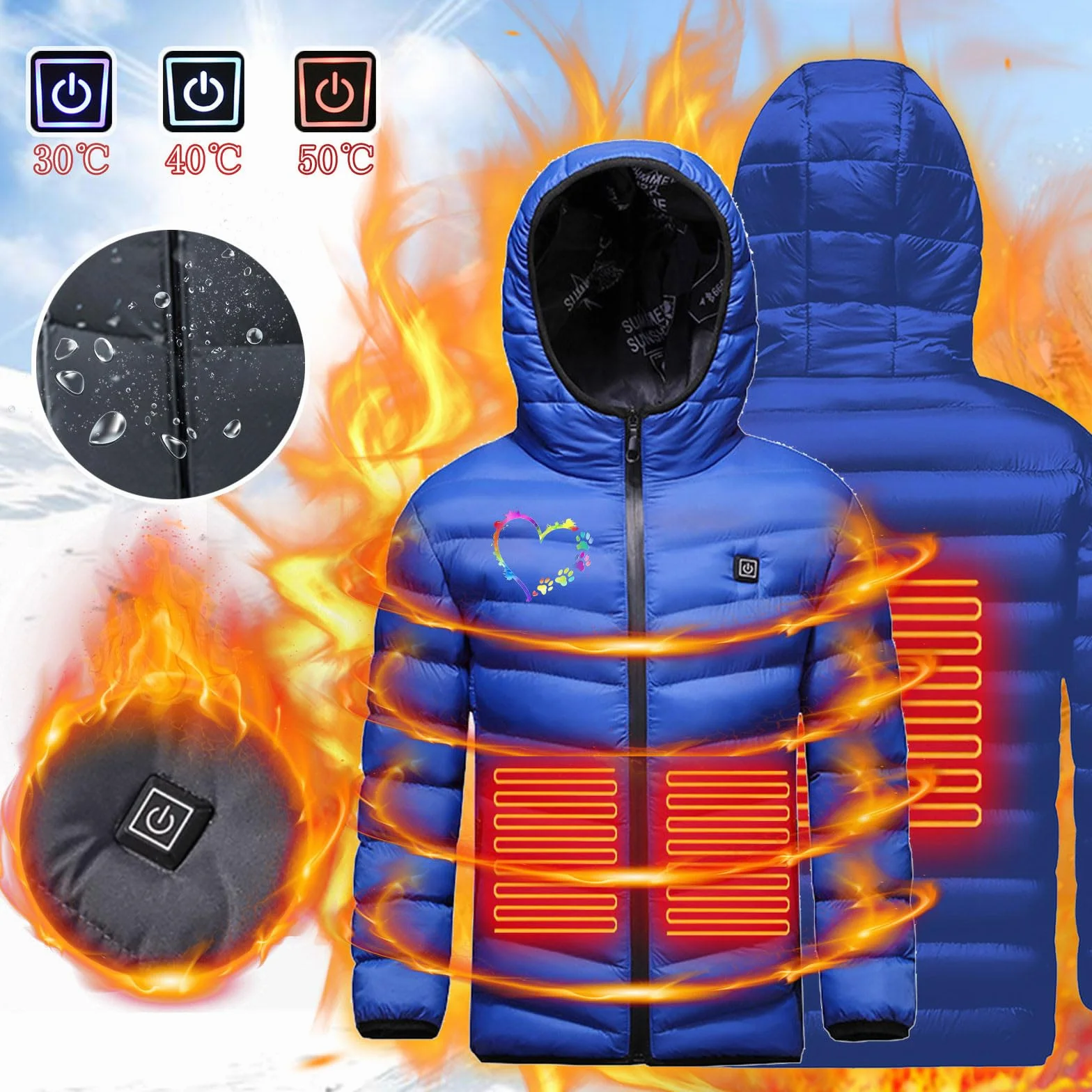 Manteau Doudoune Chauffant Enfants avec 3 Zones de Chauffage Charge USB pour Ski Moto