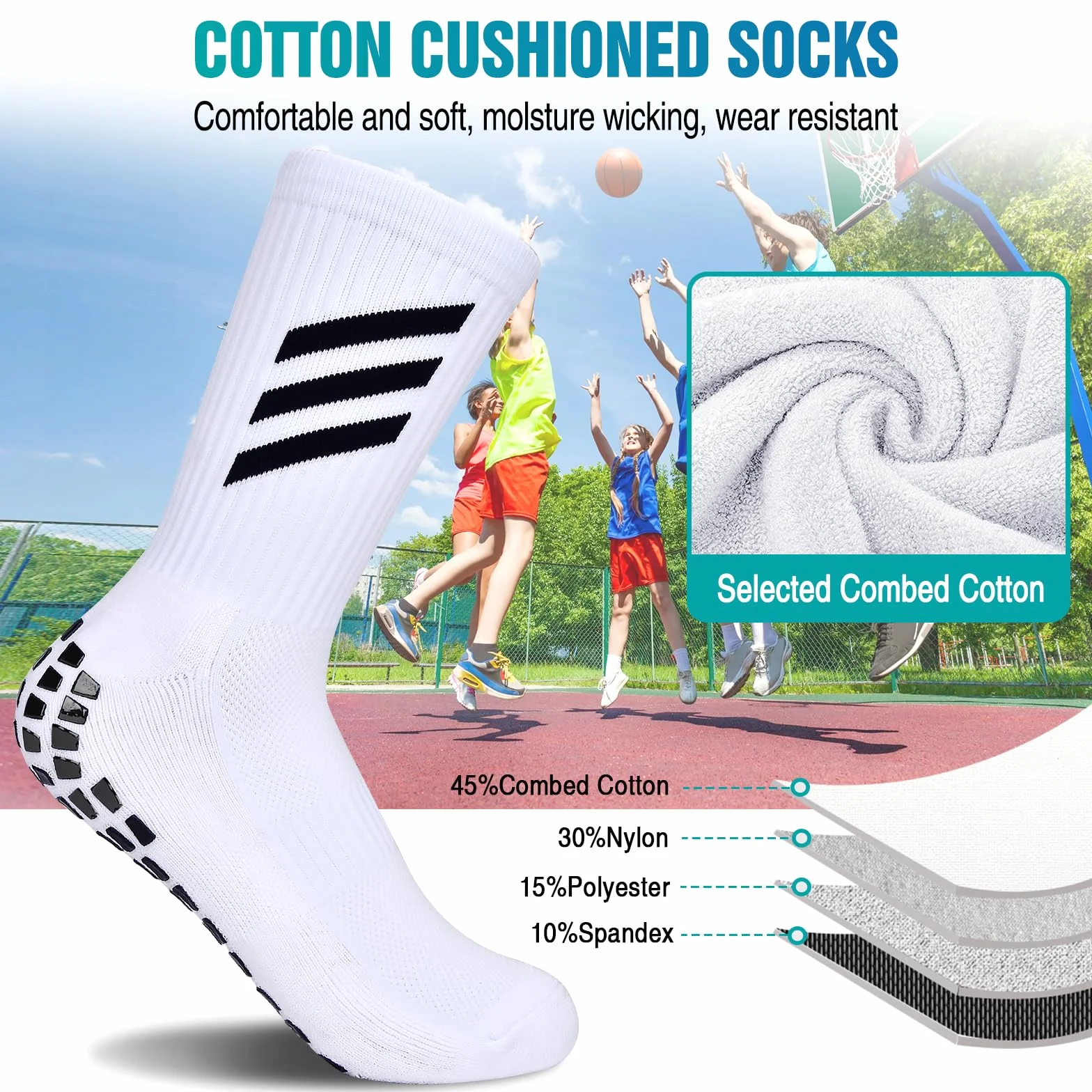 Chaussettes Antidérapantes Foot Enfant 6~12 ans Football Basketball Rugby Tennis