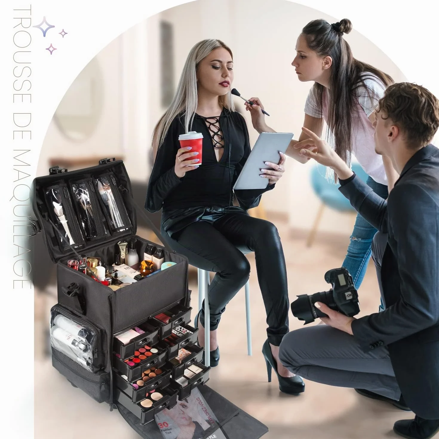 Mallette de Maquillage Professionnelle Kemier Roues Omni-directionnelles 2 en 1 à Côté Souple avec Tiroirs