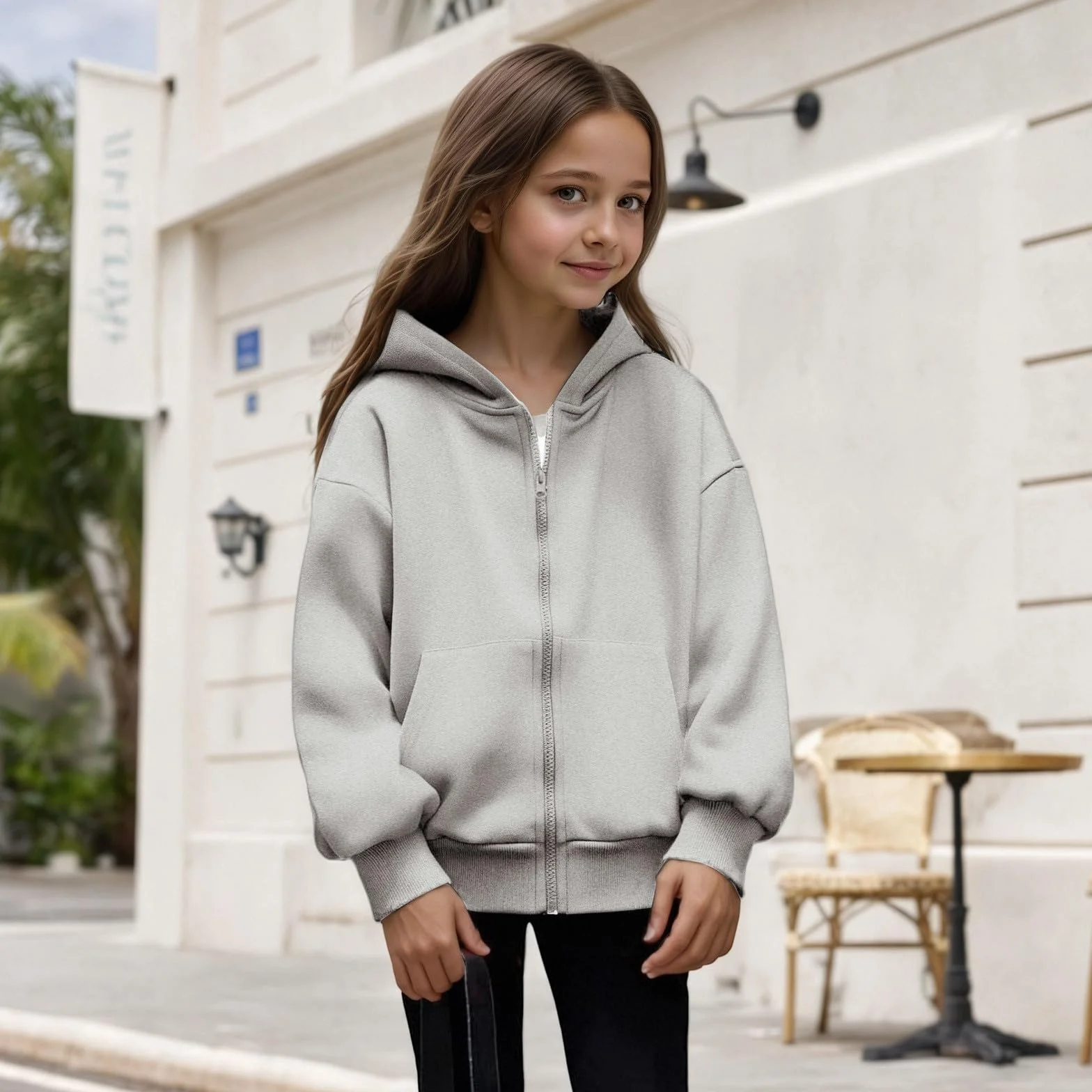 Sweat à Capuche Zippé Enfant 5-16 Ans Rembourré Manches Longues Couleur Unie